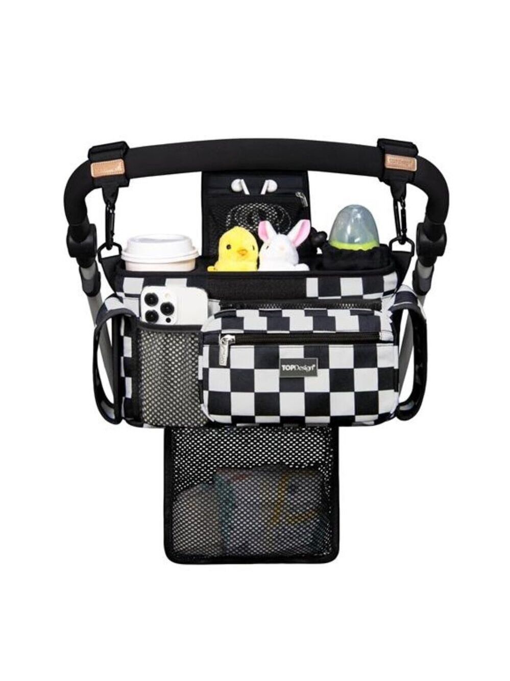 Baby stroller organizer caddy with cup holders mesh bag diaper storage black